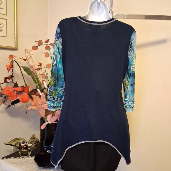 NWT Zoe Women's Navy-Blue Teal Patchwork Design Blouse ¾ Sleeve Top Size 10 M - Picture 5 of 9